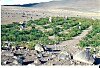 Flere personer arbeider med planting i et steinete, tørt landskap med grønne plantefelt.